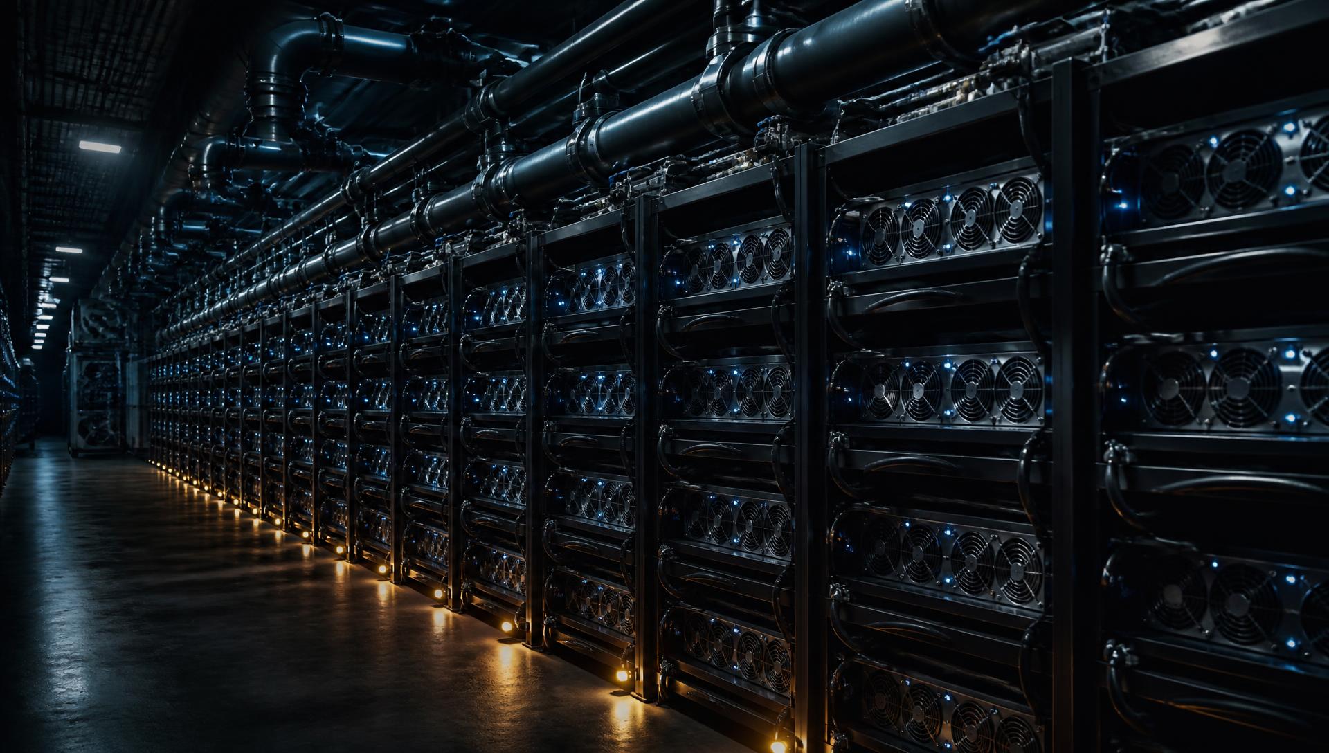 Rows of ASIC miners with hydro-cooling manifolds in a mining data centre